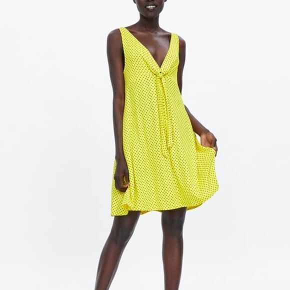 ZARA KNOTTED DRESS FLOWY SHORT‎ SLEEVE MINI YELLOW POLKA DOTS PRINT WOMEN… - Picture 1 of 9